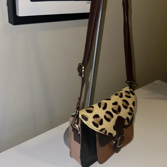 Leopard Hide and Leather Crossbody Satchel Purse - Picture 3 of 12